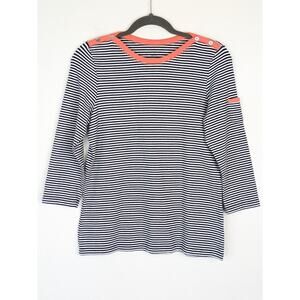 E.L.I Top Knit Boat Neck Striped Button Pocket Nautical Blue White Coral Size S